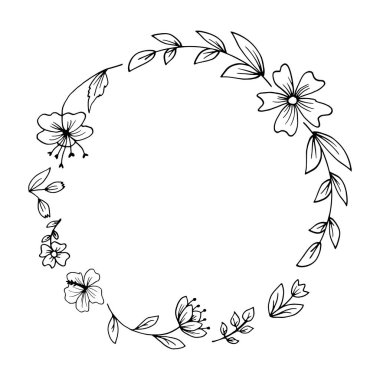 Çerçeve çiçek bir daire içinde oluşur. Bitkiler ve çiçekler el çekilmiş. Çizili stil, tek renkli vektör çizim.