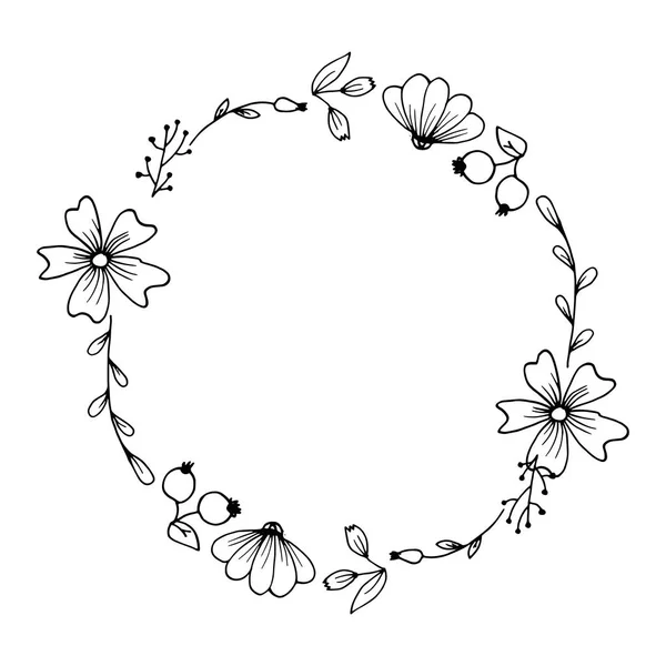 Cadre Floral Composé Cercle Plantes Fleurs Dessinées Main Style Esquissé — Image vectorielle