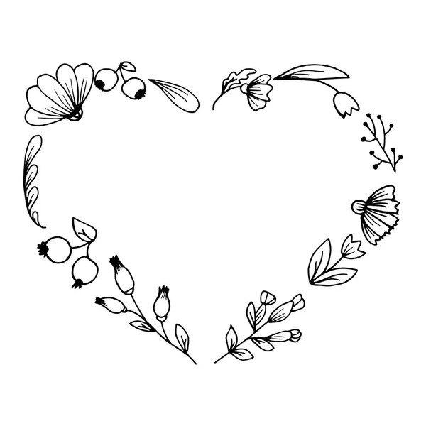 Květinový Rámeček Skládá Srdci Ručně Kreslené Rostliny Květiny Načrtnuté Styl — Stockový vektor