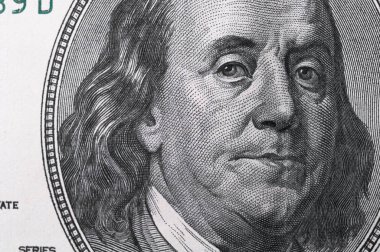 Dolar portre. Benjamin Franklin'in portresi bir faturası. Para ve kazanç kavramı.