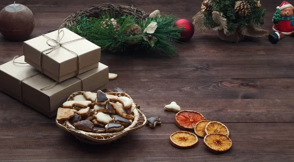 Top View Christmas Background Christmas Presents Cookies Dry Oranges Brown — Stock Photo, Image