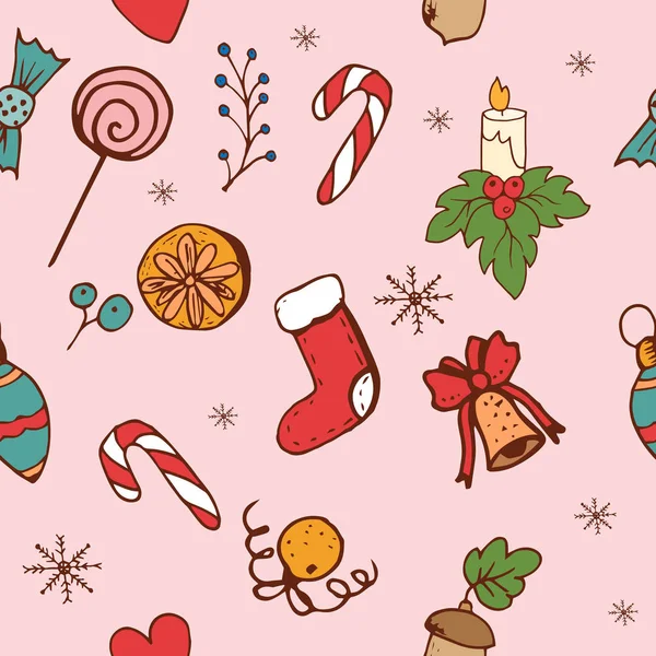 Weihnachten Handgezeichnete Muster Vektor Illustrationen Weihnachtssocken Zuckerstangen Und Schneeflocken — Stockvektor