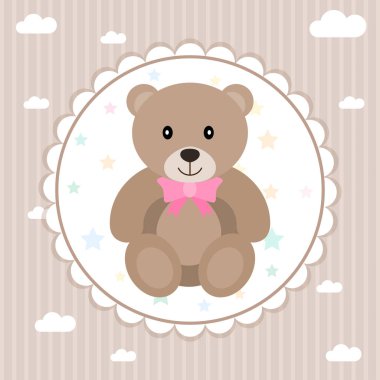 Yeni doğan kutlama. Bebek duş. Oyuncak ayı oyuncak. Vektör çizim.