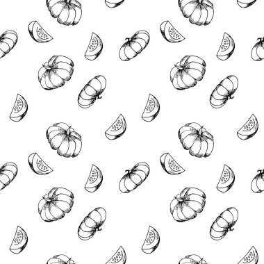 Elle çizilmiş kabaklar desen. Kabak çeşitleri. Sonbahar desen arka plan. Tek renkli, siyah beyaz. Vektör çizim.