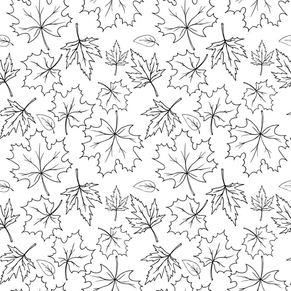 Autumn Falling Leaves Pattern Hand Drawn Sketched Style Black White — Stock Vector