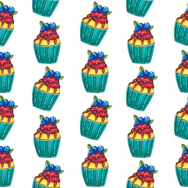Elle çizilmiş cupcakes desen beyaz arka plan üzerinde. Buzlanma ve yaban mersini ile parlak kek. Nefis arka plan. 