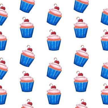 Elle çizilmiş cupcakes desen beyaz arka plan üzerinde. Buzlanma ve kiraz üstünde belgili tanımlık tepe ile parlak kek. Nefis arka plan. 