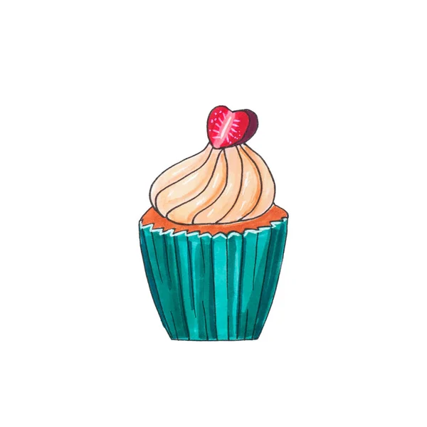 Hand Drawn Cup Cake Marshmallow Strawberry Top Cake Isolated Cupcake — Stock Photo, Image