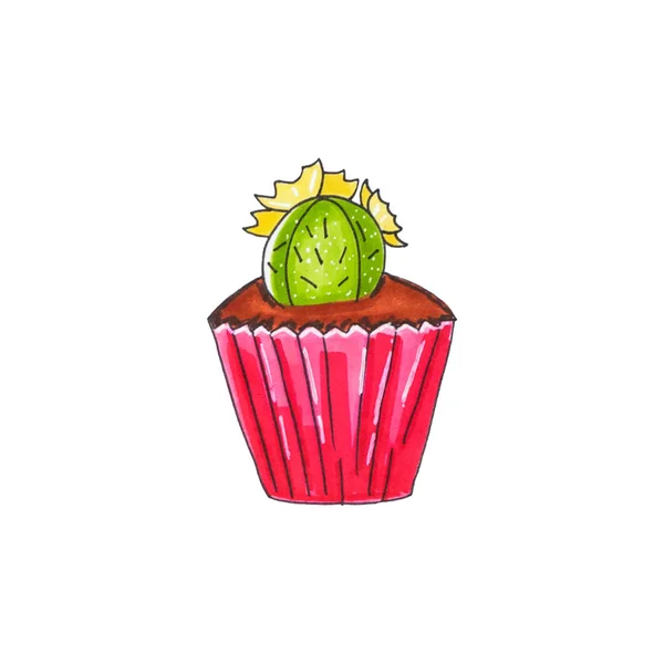 Hand Dras Kaka Med Cactus Den Isolerade Cupcake Vit Bakgrund — Stockfoto