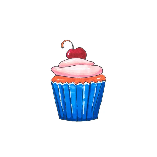 Hand drawn cup cake with marshmallow  and cherry on the top of a cake .Isolated cupcake on white background.