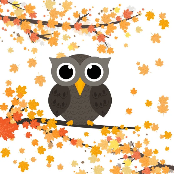 Owl Sitting Branch Leaves Autumn Vector Illustration Falling Orange Leaves — Stock Vector