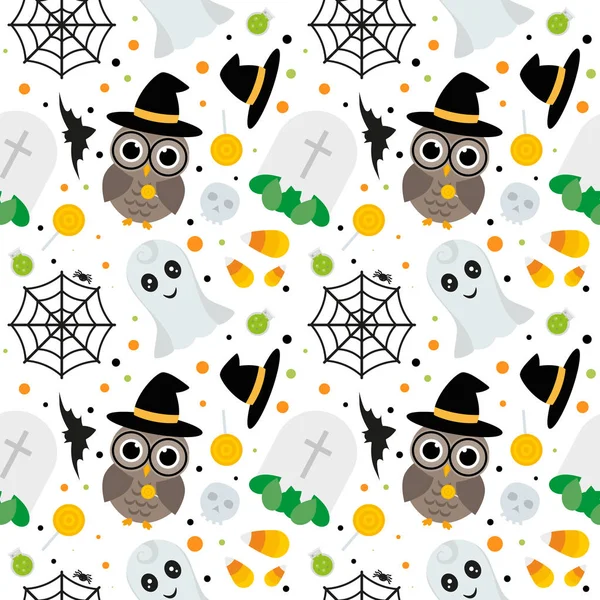 Fondo Patrón Halloween Fantasmas Sombreros Búhos Redes — Vector de stock