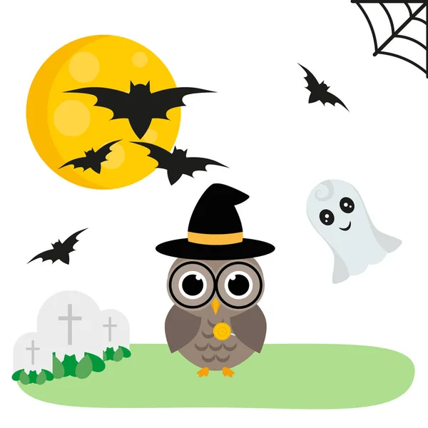 Ilustración Vectorial Halloween Búho Con Sombrero Halloween Fantasmas Murciélagos Con — Vector de stock