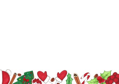 Noel arka plan, Noel çerçeve kopya alanı, metin için yer ile. Ökse otu, eldivenler, Noel çorap, puding, şeker kamışı, kırmızı şapka, tarçın ve işaretleri tarafından kabataslak bir Noel hediyesi.