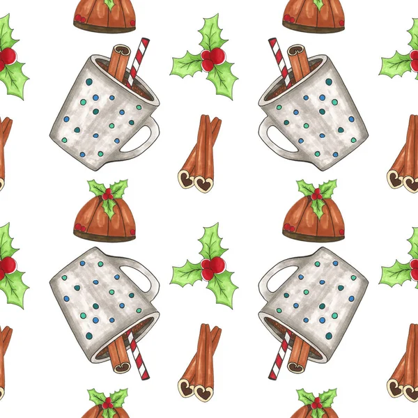 クリスマス手でバック グラウンド パターンを描画します ヤドリギ ミトン クリスマス プディング シナモン ホット チョコレートのカップ — ストック写真