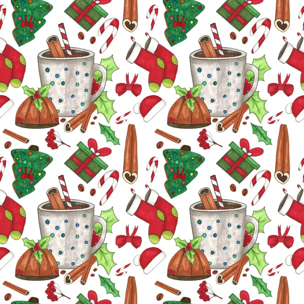 Christmas Hand Drawn Pattern Background Mistletoe Mittens Christmas Socks Pudding — Stock Photo, Image
