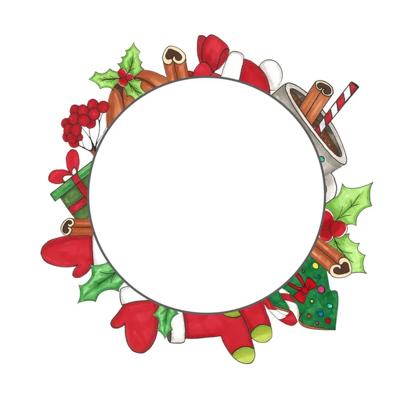 Christmas frame in shape of circle.  Mistletoe, mittens, Christmas socks, pudding, candy cane, red hat, cinnamon and Christmas present sketched by markers. Hand drawn.