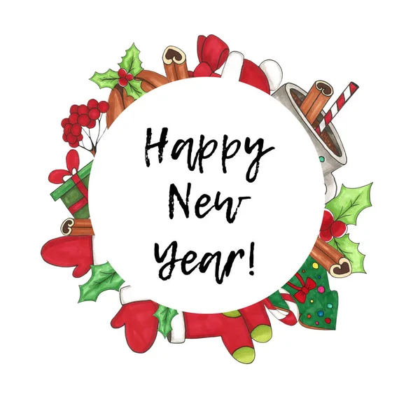 Neşeli Noel çerçeve. Ökse otu, eldivenler, Noel çorap, puding, şeker kamışı, kırmızı şapka, tarçın ve işaretleri tarafından kabataslak bir Noel hediyesi. Elle çizilmiş.