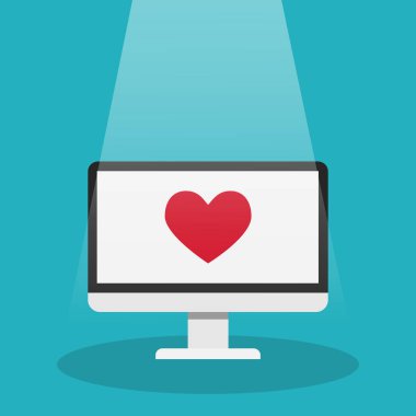 Bilgisayar ekranında kalp ile. İlaç, kavram Kardiyoloji. Vektör çizim. 