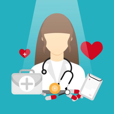 Stetoskop, tıbbi teçhizat ilk yardım acil durumda, hap ve sağlık kartı ile Doctor(female). Düz stil vektör çizim.
