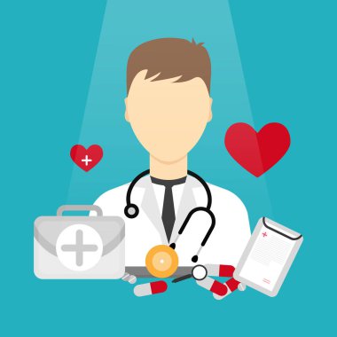 Stetoskop, tıbbi teçhizat ilk yardım acil durumda, hap ve sağlık kartı ile Doctor(Male). Düz stil vektör çizim.
