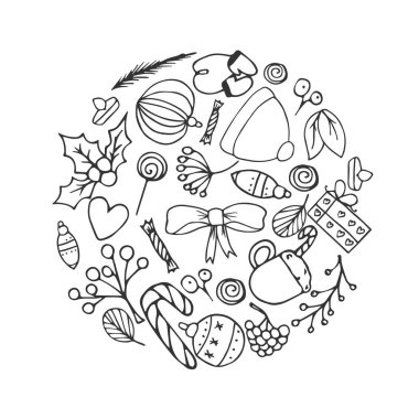 Daire içinde çerçeve Noel nesnelerinden oluşan. Elle çizilmiş öğeleri, kabataslak Noel ağacı, puding, hisse senetleri, ökse otu, mum ve Noel Baba sakal. Vektör çizim. 