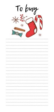 Yazdırılabilir sayfa satın almak. Elle çizilmiş Noel öğeleri. Vektör çizim. Çorap, kar taneleri, şeker kamışı, tarçın. 