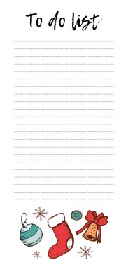 Noel için liste sayfa yazdırılabilir, elle çizilmiş Noel öğeleri. Vektör çizim. Çorap, süsleme ve çan