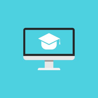 Mezuniyet şapka bilgisayar ekranı, düz simgesi, vektör çizim .