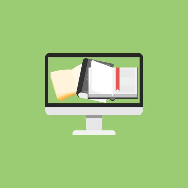 Mavi arka plan üzerinde farklı kitaplar. Online eğitim, sınavlara hazırlık çalışması, okula geri kavramı.