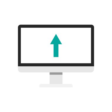  Bilgisayar ekranında mavi ok yukarı. Düz simgesi. Büyüme, artan ve başarı kavramı. 