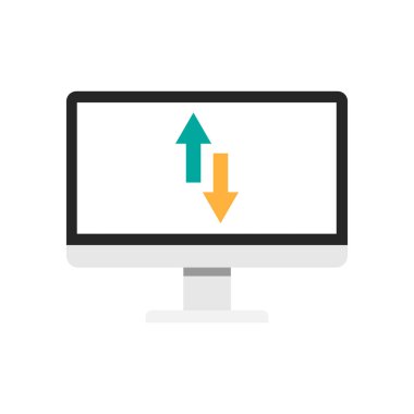 Dikey okları bilgisayar ekran vektör simgesine çevir. Mavi ve turuncu ok karşısında. Düz simgesi. Exchange simgesi.