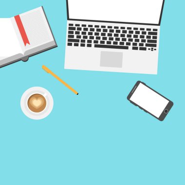 Kucak tepe, fincan kahve, kitap üstten görünüm. Metin için yer. Vektör çizim. Eğitim ve serbest kavramı. 