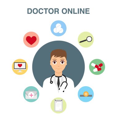  Doktor online, erkek doktor. Tıp, sağlık ve tıp online kavramı. Infographic online tıp hakkında.