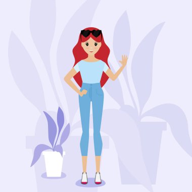 Mutlu kız odasında elini sallayarak. Pastel hoş renkler. 