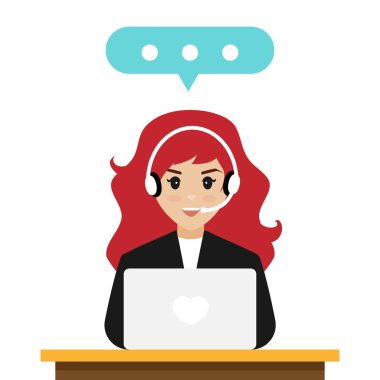  Kulaklık ve mikrofon çağrı merkezinde çalışan kız. Çağrı merkezi ve teknik destek. 