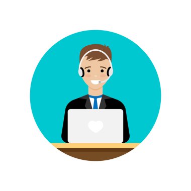 Kulaklık ve mikrofon çağrı merkezinde çalışan adam. Çağrı merkezi ve teknik destek. 