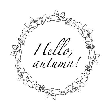 Merhaba sonbahar, doodle kare, çizilmiş kabak, elma, yaprakları ve meyveleri. Vektör çizim.