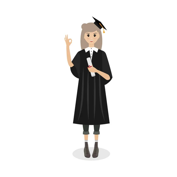 Girl Standing Diploma Graduating University Receiving Diploma Degree — Stock Vector