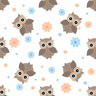 Baykuşlar deseni çiçekli. Farklı baykuşlar karakterler, seamless modeli. Bahar ve yaz Tema. 