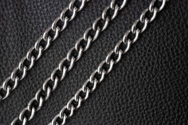 Lüks siyah deri doku metal gümüş zincirler.