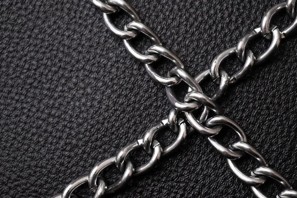 Metal Silver Chains Luxury Black Leather Texture — Stock Photo, Image