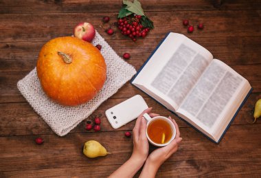 Kızın elini üstten görünüm bir tablo, bir kabak, elma ve bir kitap, ahşap masa telefonu.