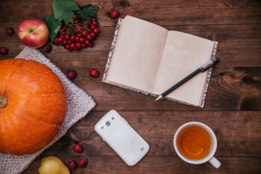 Bir kabak, elma ve bir kitap, ahşap masa telefonu üstten görünüm.