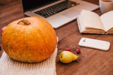 Ahşap masa üzerinde bir kabak, elma ve bir kitap, telefon, laptop, üstten görünüm.