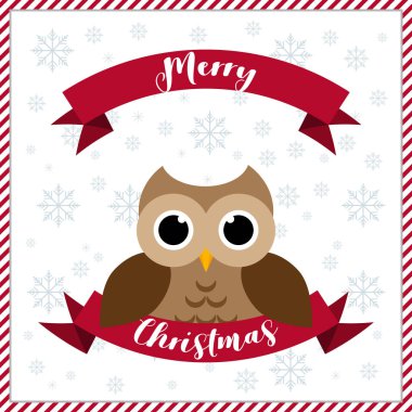 Neşeli Noel tebrik kartı. Kar taneleri ile mutlu baykuş. 