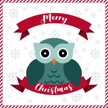 Neşeli Noel tebrik kartı. Kar taneleri ile mutlu baykuş. 