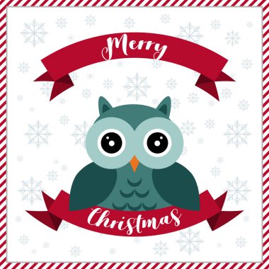 Neşeli Noel tebrik kartı. Kar taneleri ile mutlu baykuş. 