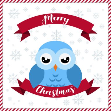 Neşeli Noel tebrik kartı. Kar taneleri ile yorgun baykuş. 