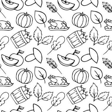 Elle çizilmiş sonbahar seamless modeli doodle. Mantar, elma, kabak ve Şükran günü hindisi, illüstrasyon vektör